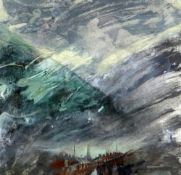 JACK CRABTREE (b.1938) mixed media - hills with village below, entitled 'Mining Village Wales',