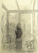 HARRY HOLLAND (b.1941) unframed pencil drawing - woman and child in conservatory, signed, 28 x 20cms