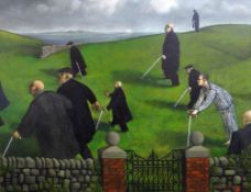 UNKNOWN oil on canvas - men in black with white sticks, entitled 'Shadows of the Blind', dated
