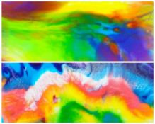 NICOLA GIBBS pair of mixed media on canvas - entitled 'Rainbow', each 15 x 30cms
