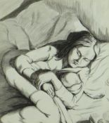 ROBERT HUNTER (1920-1996) ink and wash - mother and child in bed, signed, 20 x 18cms