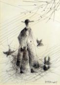 MALCOLM QUANTRILL (1931-2009) ink drawing - robed man with birds, entitled 'Liturgical Birdsong:
