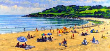 THOMAS HASKETT unframed oil on board - busy beach with mountains behind, entitled 'Hot Summer Day,
