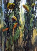 BRYAN JONES (1938-1997) acrylic on paper - entitled 'Sunflowers I', signed, 44 x 32cms