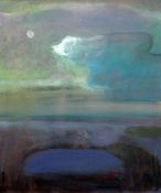 PETER JONES oil on canvas - landscape with moon, entitled 'Satellite of Love', signed, 60 x 50cms