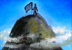 MICHAEL GUSTAVIUS PAYNE (b.1969) oil on card - figure with flag on top of hill, entitled 'Mine All