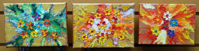 NICOLA GIBBS three mixed media on canvas - entitled 'Gold Flowers', each 18 x 13cms