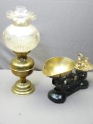 VINTAGE CAST IRON & BRASS KITCHEN SCALES & WEIGHTS with a brass based oil lamp with moulded glass