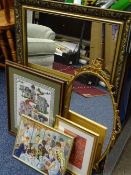 TWO GILT FRAMED WALL MIRRORS and three wool work pictures