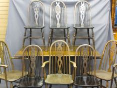 POLISHED REFECTORY TABLE, 152 x 80cms with eight wheelback chairs, non-matching (3 + 5)