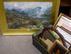 A STELFOX watercolour - expansive landscape, figures and carts in the valley with buildings to the