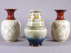 ROYAL DOULTON - stoneware vase, initialled 'B N', 20cms tall and a pair of waisted neck Doulton