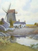 WARREN WILLIAMS ARCA watercolour - Cemaes windmill, Anglesey with figure by a mill pond etc,
