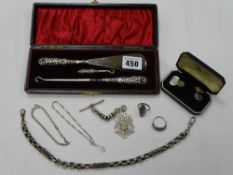 SILVER - cased button hook in box, watch fob, ring, a pair of cufflinks ETC