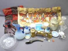 VINTAGE GLASS, BRASSWARE and other collectables including an Indian cotton printed and painted