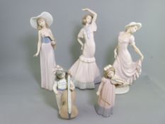 NAO PORCELAIN GROUP OF FIVE FIGURINES depicting two bonneted lady's and one other and two young