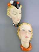 KERAMOS ART DECO POTTERY WALL HEADS, colourful stylized ladies' faces, Numbered 1431 and 1433 with