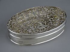 PIERCED TOP OVAL SILVER POT POURRI BOX, London 1913, maker Mappin and Webb, 131grms, 13.5cms L,