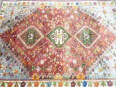 100% WOOL PILE INDIAN TRIBAL RUG, traditional pattern on a red and blue/grey ground with cream