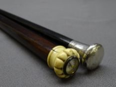 19TH CENTURY ROSEWOOD WALKING CANE with inset compass and silver mounted cane