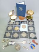 COMMEMORATIVE CROWNS, leather stud box, vintage powder compacts and other collectables