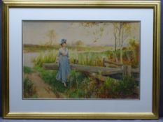ALFRED AUGUSTIN GLENDENING (1881 - 1903) watercolour - 'Lady waiting for Lover', signed with