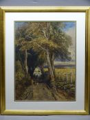 AFTER DAVID COX watercolour - horseman going into a wooded landscape, unsigned, 40.5 x 53cms