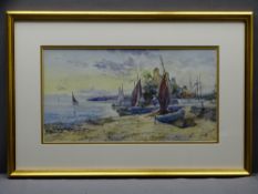 J HUGHES CLAYTON watercolour - 'Cemaes Bay - boats and figures', signed, 24 x 44cms