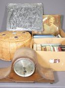 POLISHED MANTEL CLOCK, Eastern style pouffe, a composition plaque 'M G V West Falia Valbert' and a