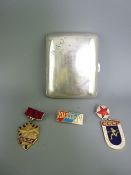 CHESTER SILVER PRESENTATION CIGARETTE CASE with a quantity of Russian badges, the case dated 1911,