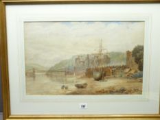 FRANZ EMIL KRAUSE watercolour - Conwy with castle and bridge in the background and boats at shore to