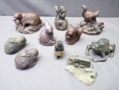 VARIOUS COMPOSITION ANIMAL FIGURINES, a collection including a bronze toad, buffalo horn penguin