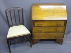 MAHOGANY BUREAU with string inlay detail on bracket feet and an antique mahogany dining chair