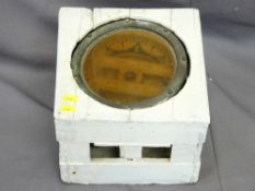 GIMBAL TYPE COMPASS marked 'F H Palmen, Barrow in Furness', within a wooden structure