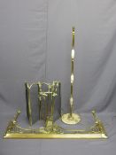 BRASS FIRE IRONS STANDING SET, good brass fender, spark guard and a standard lamp