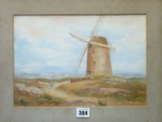 W R HOYLES watercolour - 'Windmill near Holyhead' - label verso, signed, 21.5 x 32cms