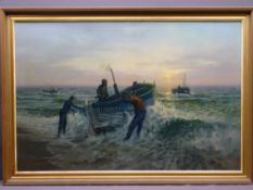 R J PINNOCK oil on canvas - 'At First Light, Dunwich', signed and dated 1985 (exhibited - No 1047-