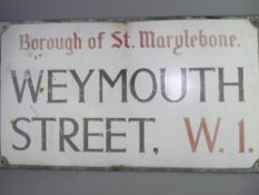 ENAMEL SIGN - London street sign within frame, Borough of St Marylebone, Weymouth Street, W1, 46 x