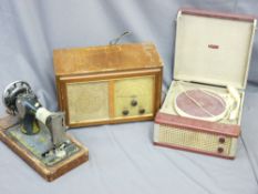 VINTAGE WIRELESS BY BEETHOVEN, old singer sewing machine and a portable record turn table by Pilot