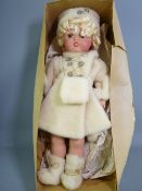 VINTAGE PORCELAIN DOLL, CIRCA 1960s, blonde wig with sleepy brown eyes and open mouth showing teeth,