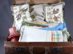 OLD SUITCASE with quantity of mixed linen
