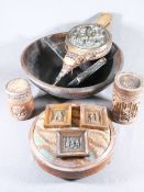 TREEN - embossed bellows, turned bowl, bamboo containers, foot stool ETC