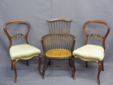 WINDSOR TYPE ELBOW CHAIR with cane seat and a pair of balloon back salon chairs