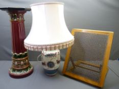 MAJOLICA STYLE JARDINIERE STAND, vintage pottery table lamp and shade with a vintage wooden back