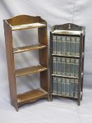 BOOKCASES - two open shelved narrow, one with 'Arts and Craft' style carving and 18 Dickens'