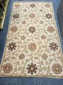KASHMIRI HAND STITCH WOOL CHAIN RUG - cream ground with multiple floral sprigs, 131 x 76cms