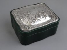 EMBOSSED SILVER MOUNTED LEATHER TRINKET BOX, London 1988, maker Keyford Frames Ltd, suede lining