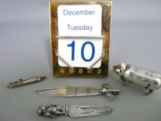 SILVER GILT PERPETUAL DESK CALENDAR and other collectable silver to include two bookmarks, a