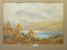 W R HOYLES watercolour - Snowdonia mountain and lake scene with yacht in the background, signed,