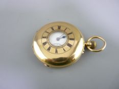 18CT GOLD KEYLESS WIND HALF HUNTER POCKET WATCH having black outer case Roman numerals repeated to